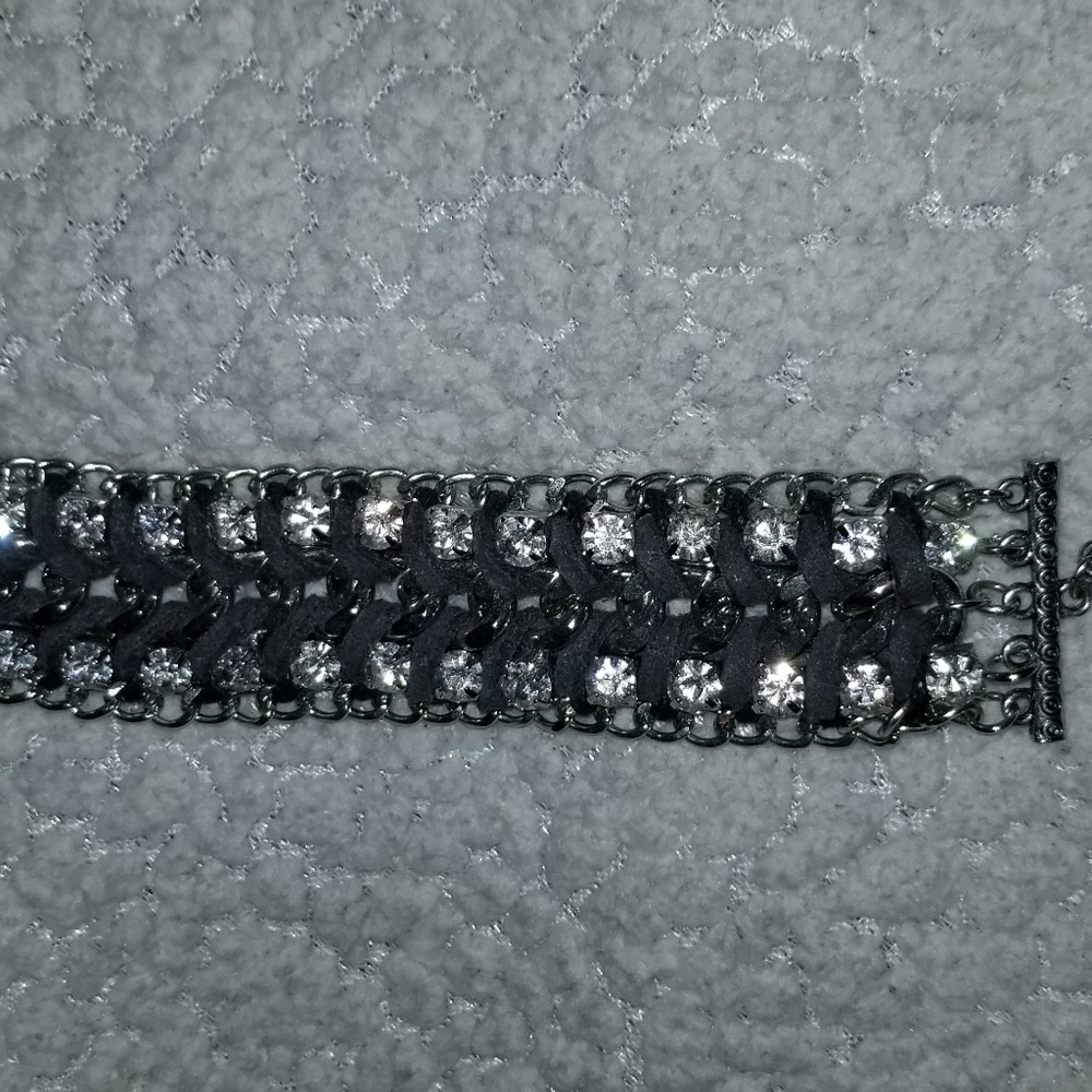 Grey leather rhinestone bracelet